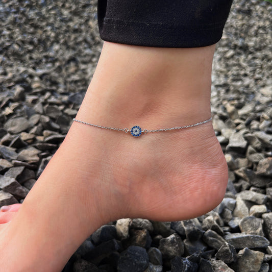Gem Evil Eye Minimal  Silver Anklet