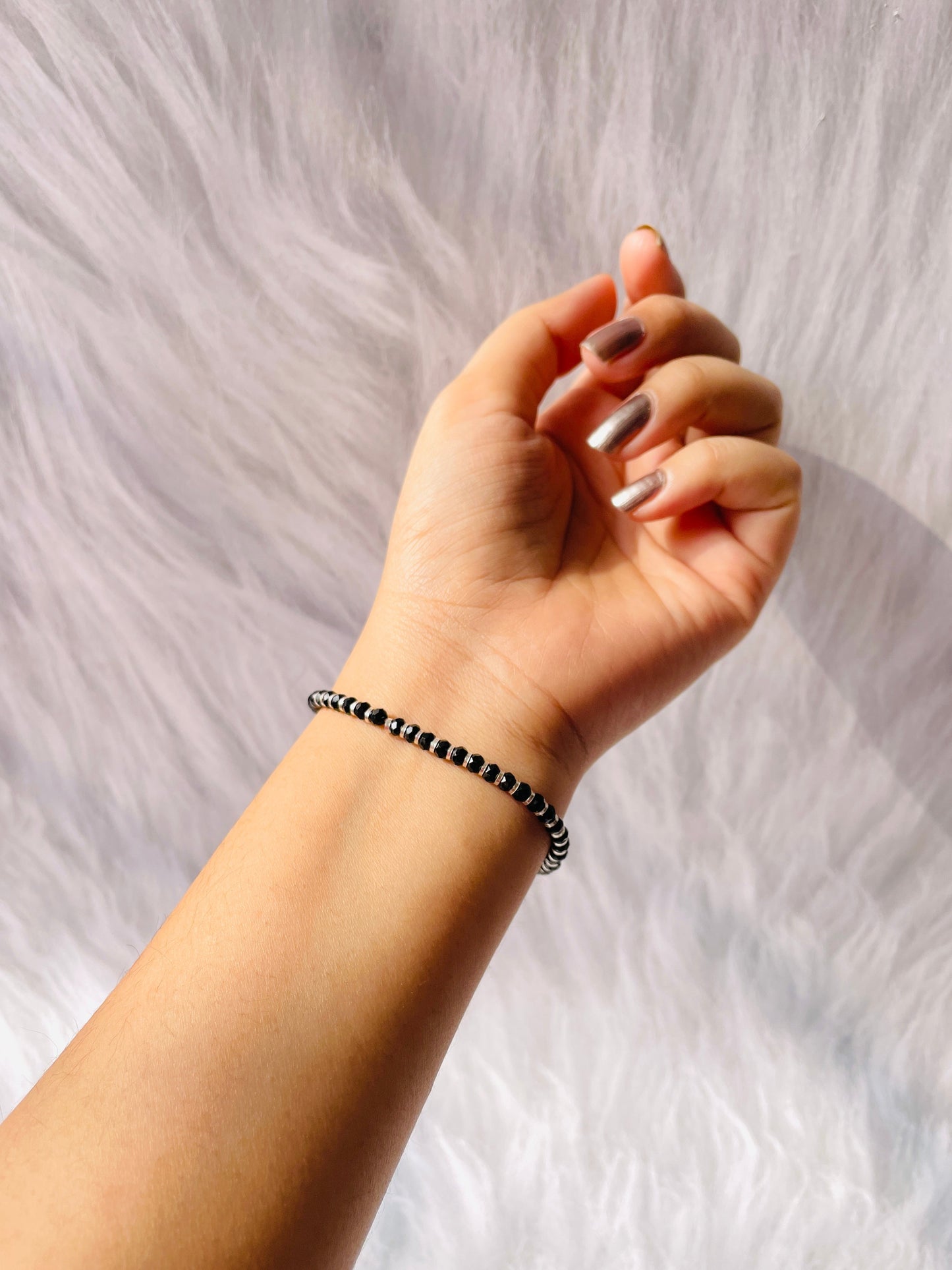 Black Beaded Silver Bracelet