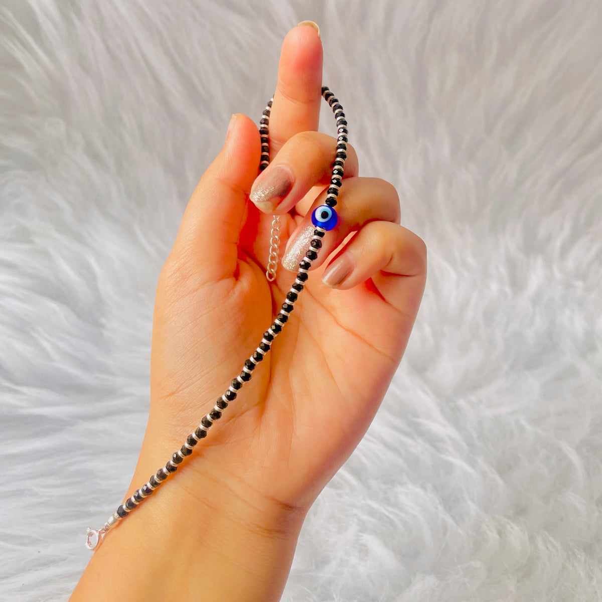 Silver Black Beaded Evil Eye Anklet