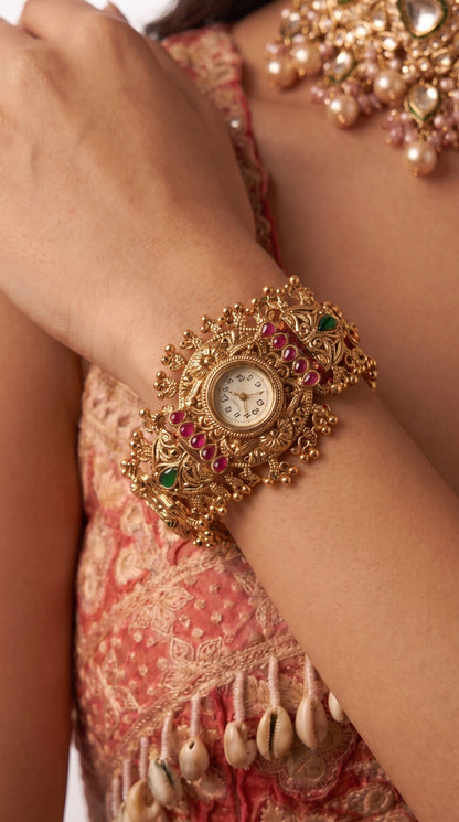 Heritage Elephant and Straight Red Work Rajwadi Watch for Women